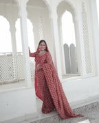 Rust Radish Jaal Handwork Saree With Unstitched Blouse Piece