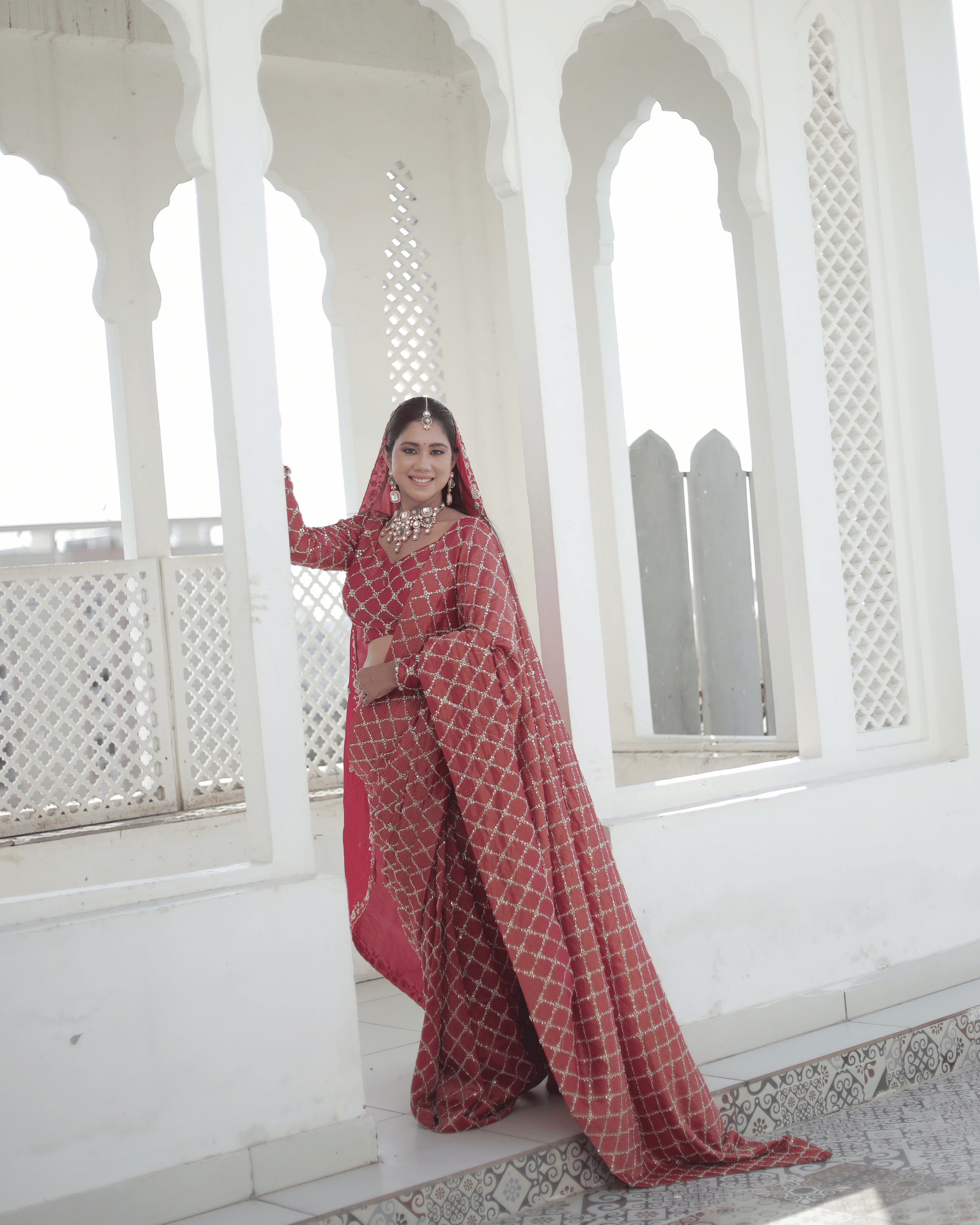 Rust Radish Jaal Handwork Saree With Unstitched Blouse Piece