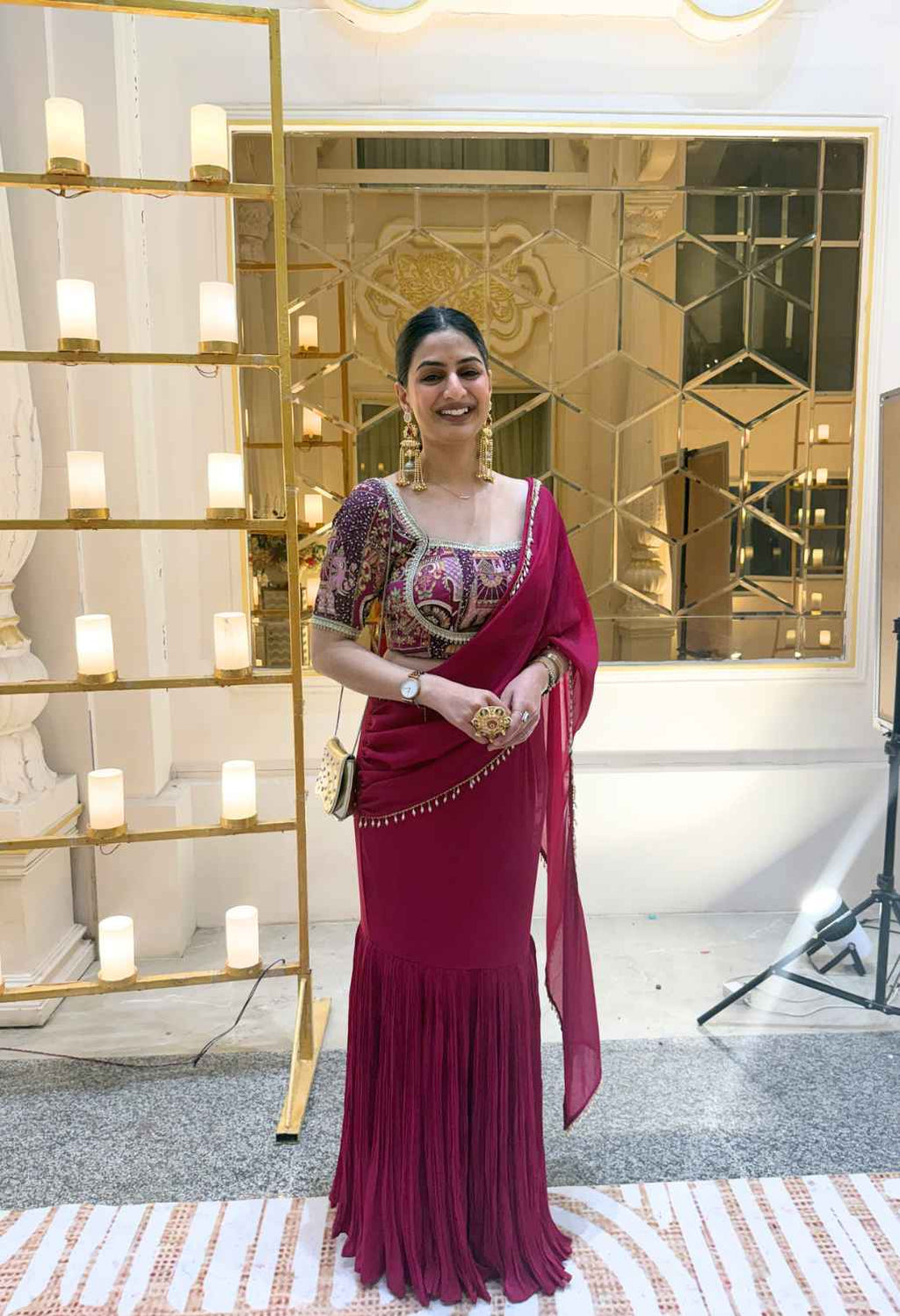 Magenta Designer Jharokha Pattern Blouse with Star Georgette Fish Cut Skirt & Drape Dupatta