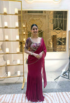 Magenta Designer Jharokha Pattern Blouse with Star Georgette Fish Cut Skirt & Drape Dupatta