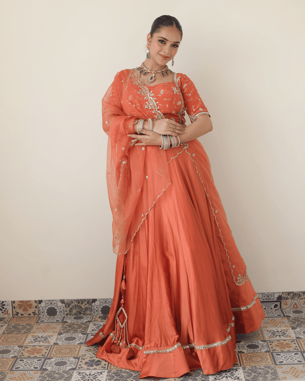 Coral Satin Orange Flare Lehenga