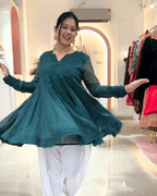 Emerald Green Mul Chanderi Peplum Anarkali Set