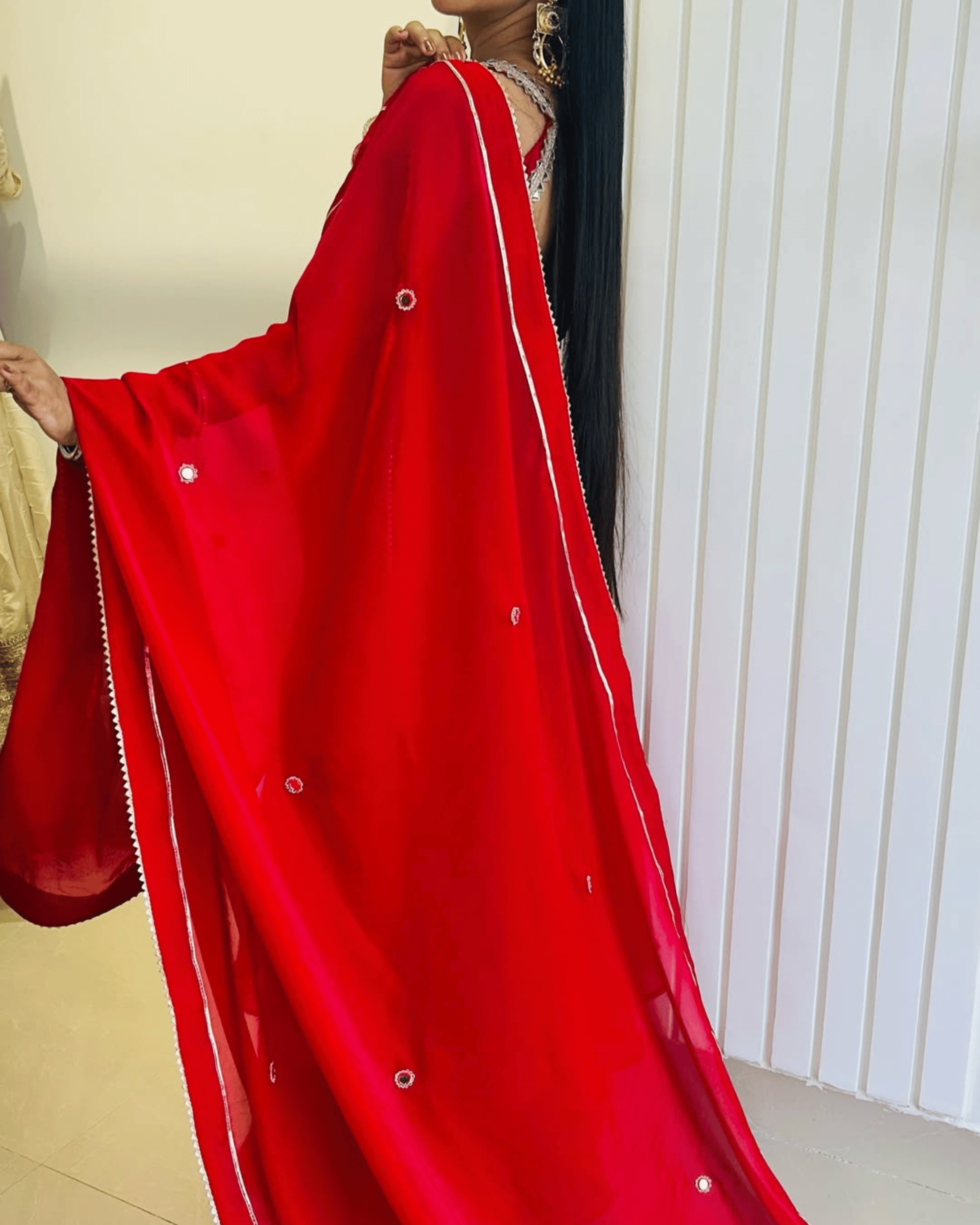 Cherry Red Mirror Lace Anarkali Set