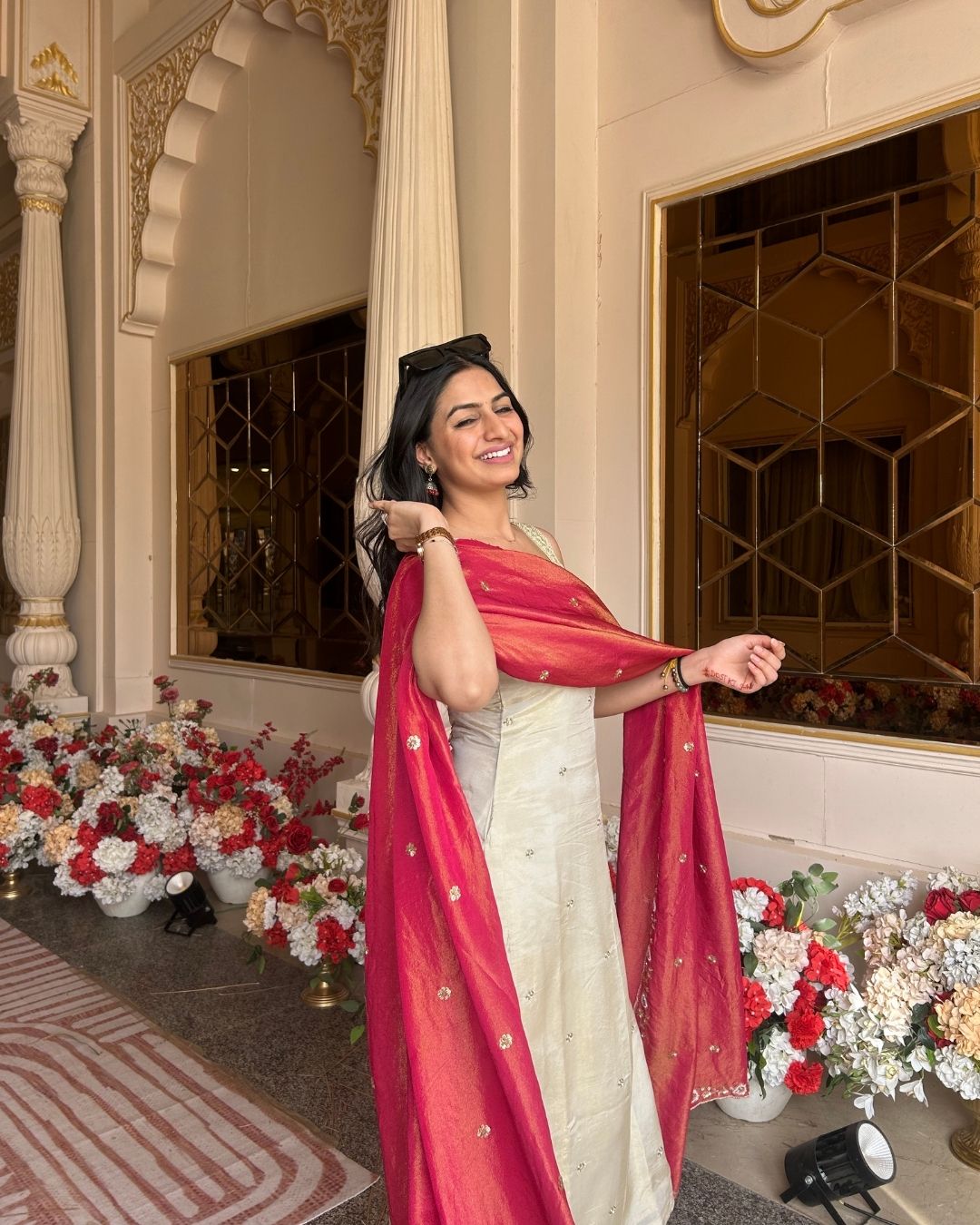 Ivory Cosmo Tissue Handwork Buti Kurta Set with Contrast Tissue Dupatta