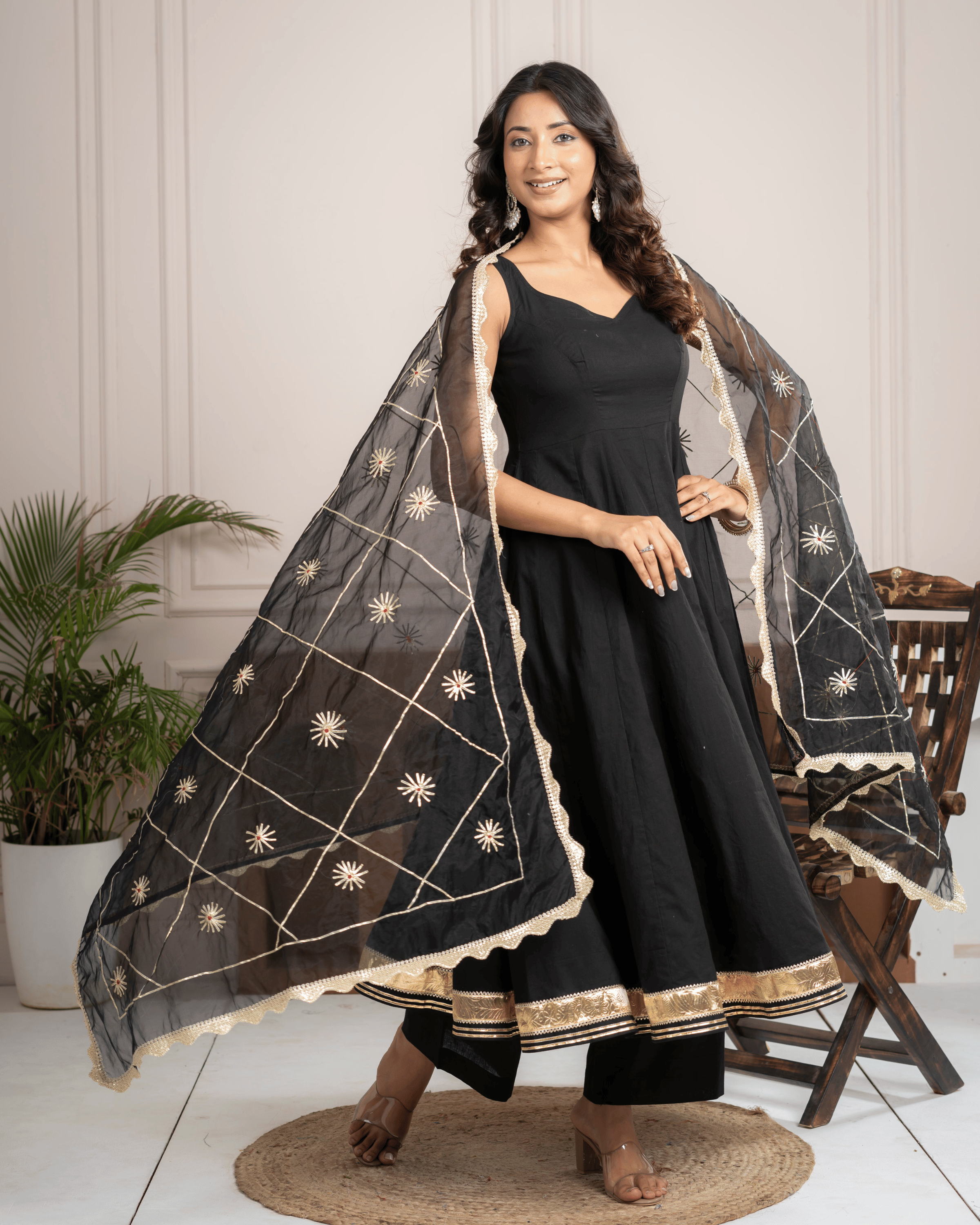 Black Cotton Anarkali Set With Organza Gota Dupatta