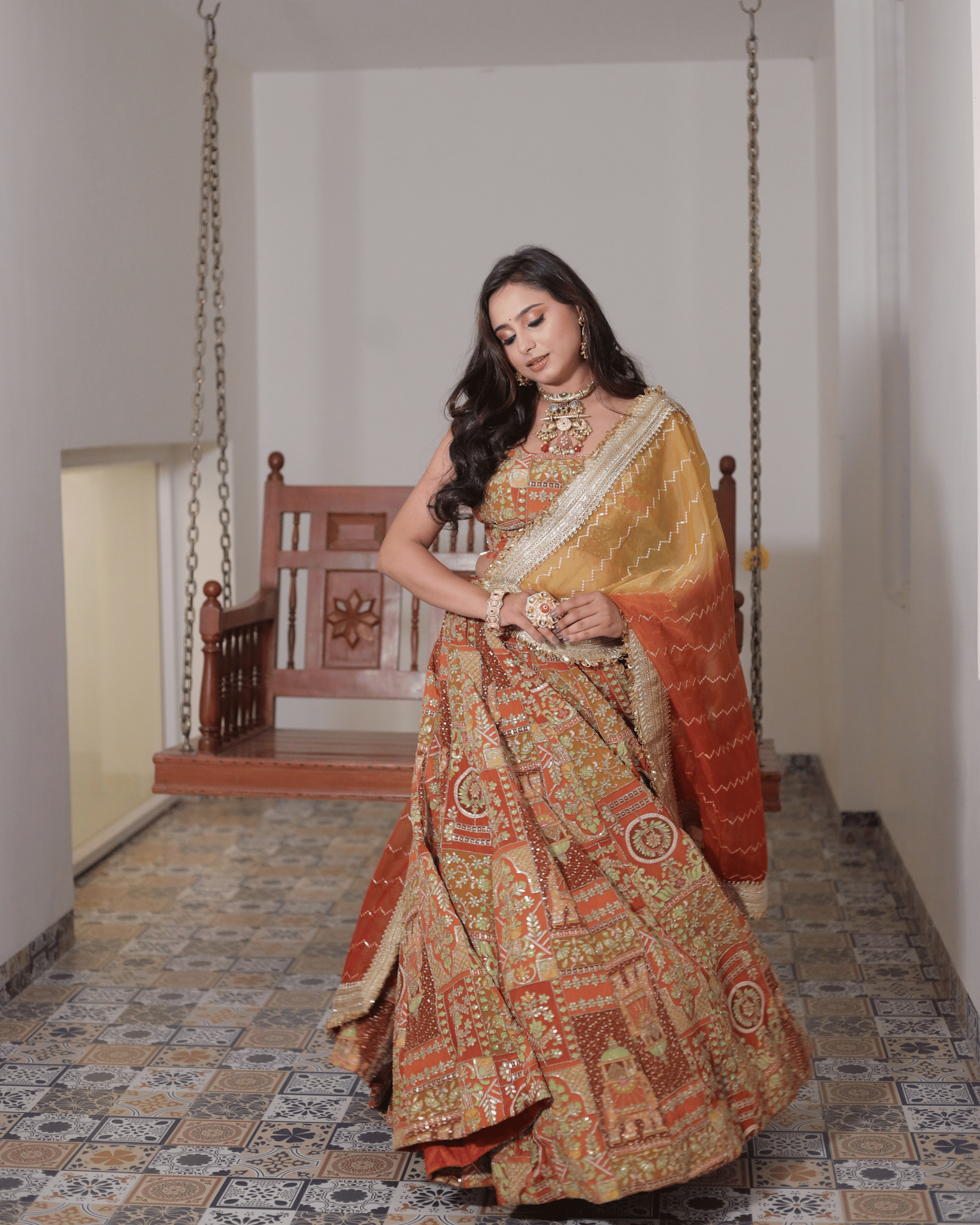 Orange Jhrokha Pattern Lehenga