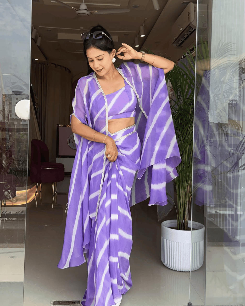 Lavender Leheriya Drape Skirt & Cape