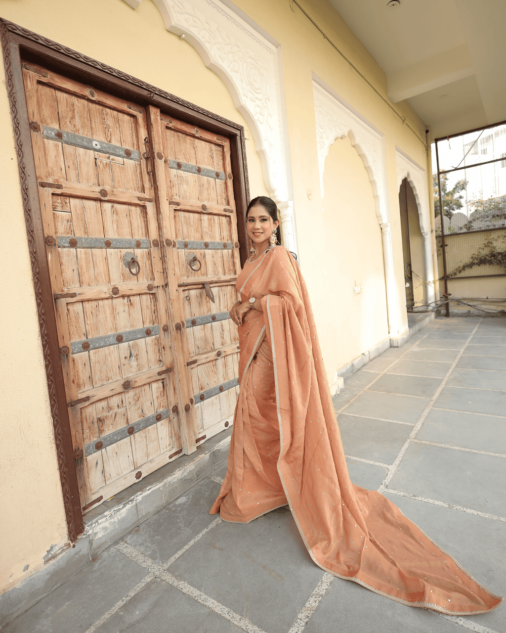 Peach Mukesh Work Cosmo Saree with unstitched blouse piece