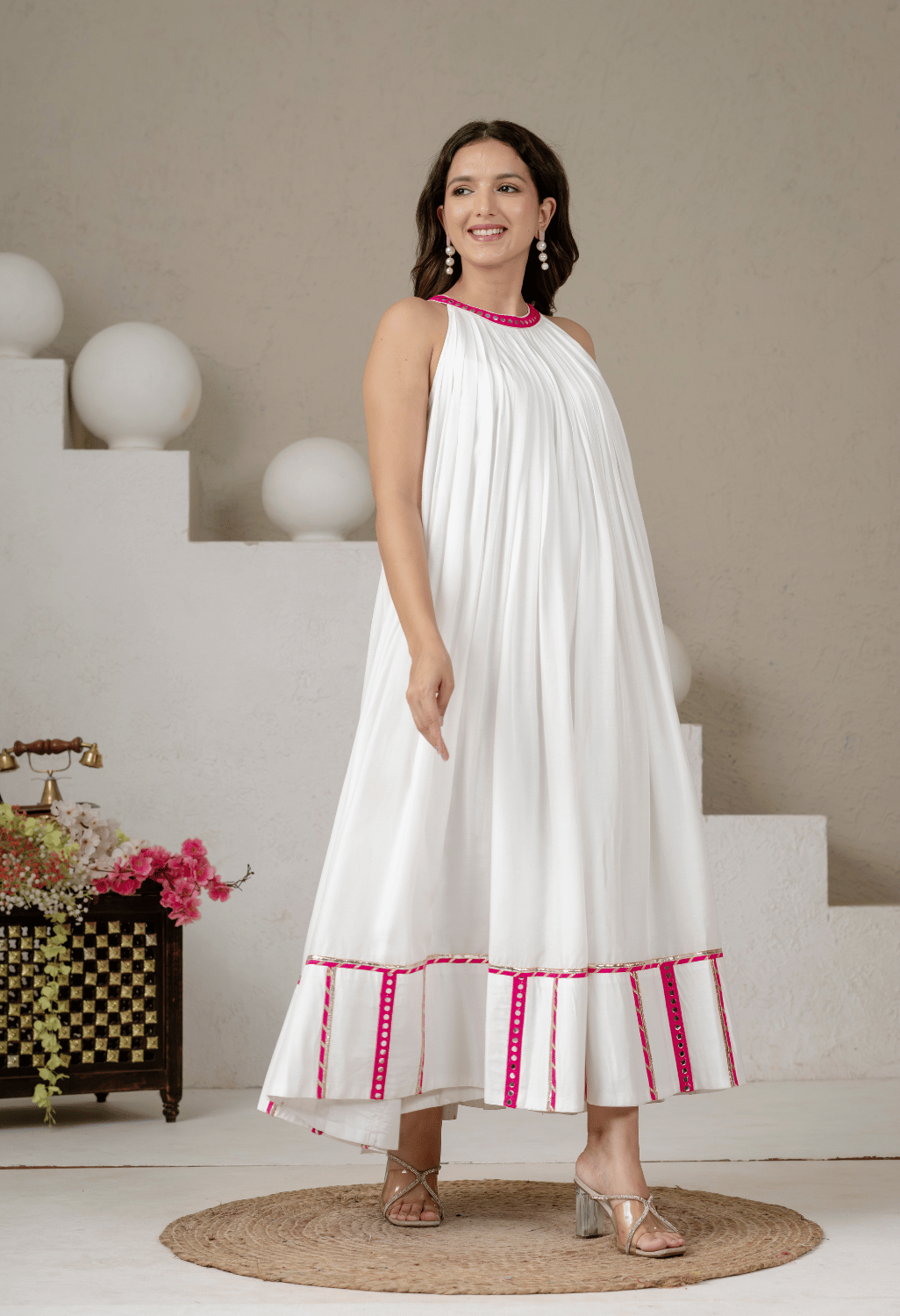 Meher White Pure Mul Cotton Full Flare Halter Neck Dress with Pink Lace Detailing