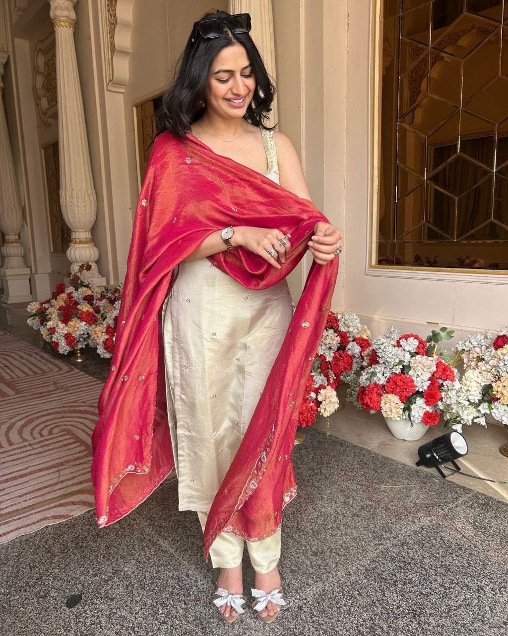 Ivory Cosmo Tissue Handwork Buti Kurta Set with Contrast Tissue Dupatta