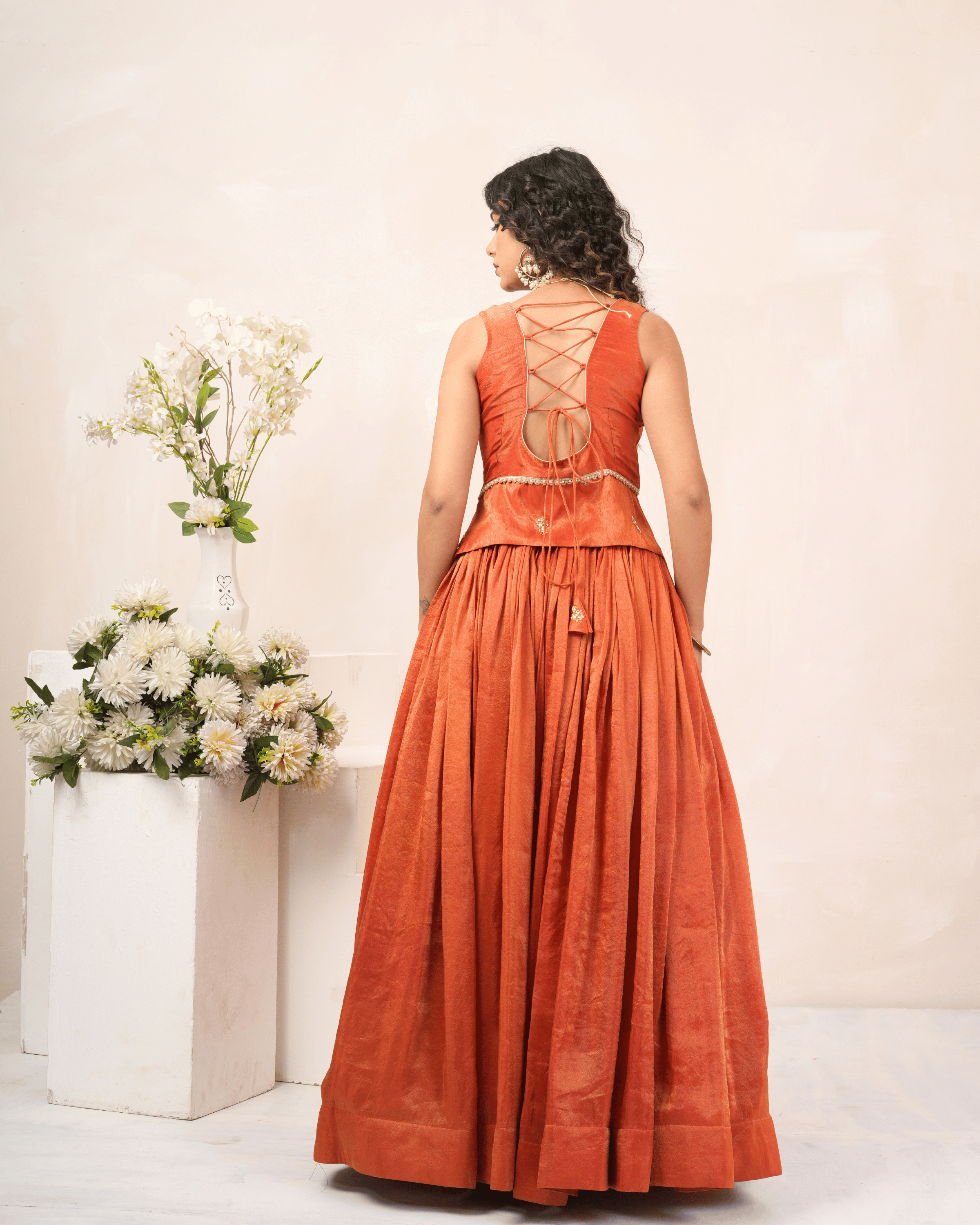 Burnt Orange Cosmo Tissue Lehenga Set