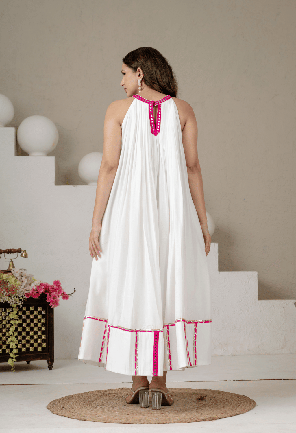 Meher White Pure Mul Cotton Full Flare Halter Neck Dress with Pink Lace Detailing