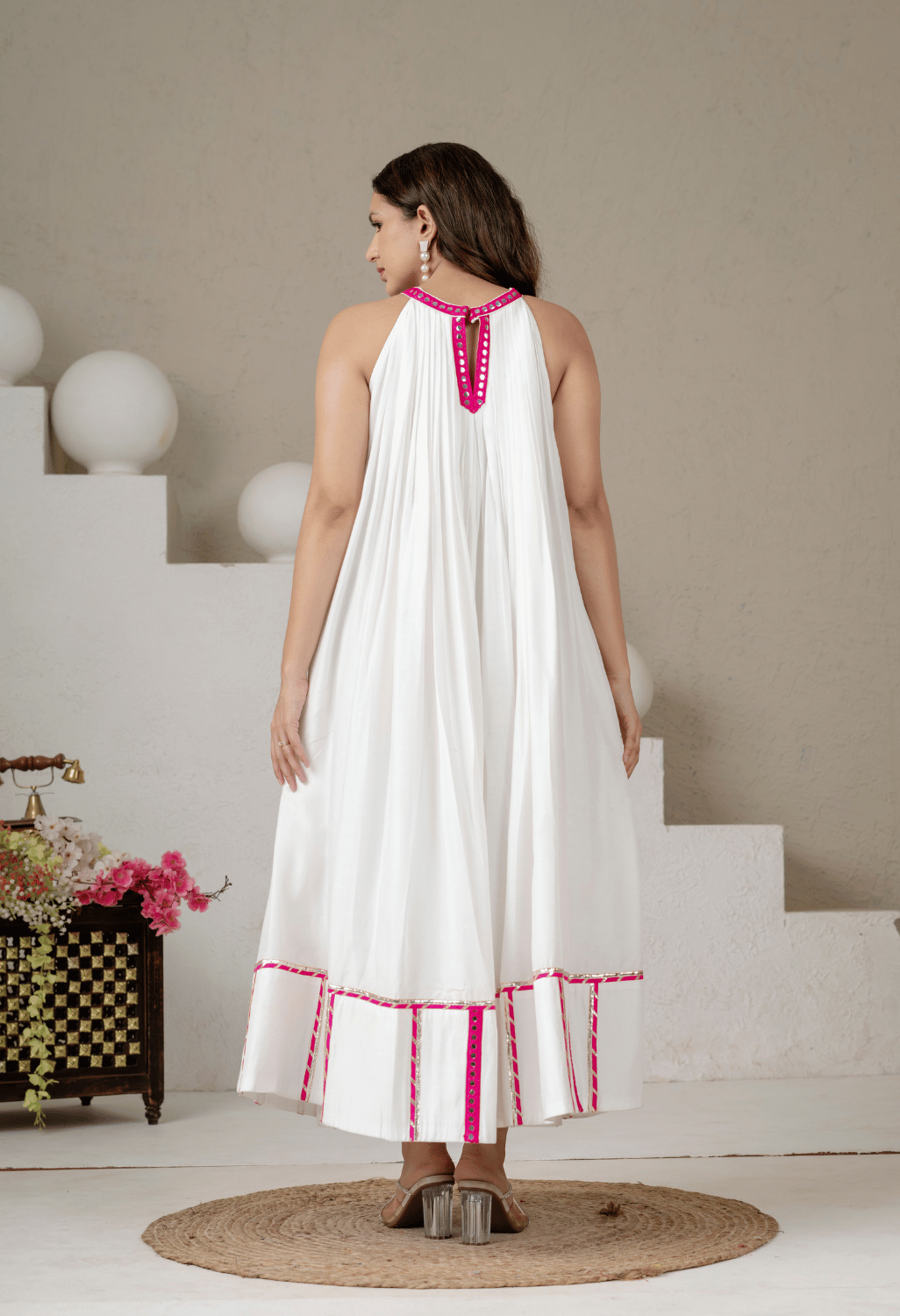 Meher White Pure Mul Cotton Full Flare Halter Neck Dress with Pink Lace Detailing