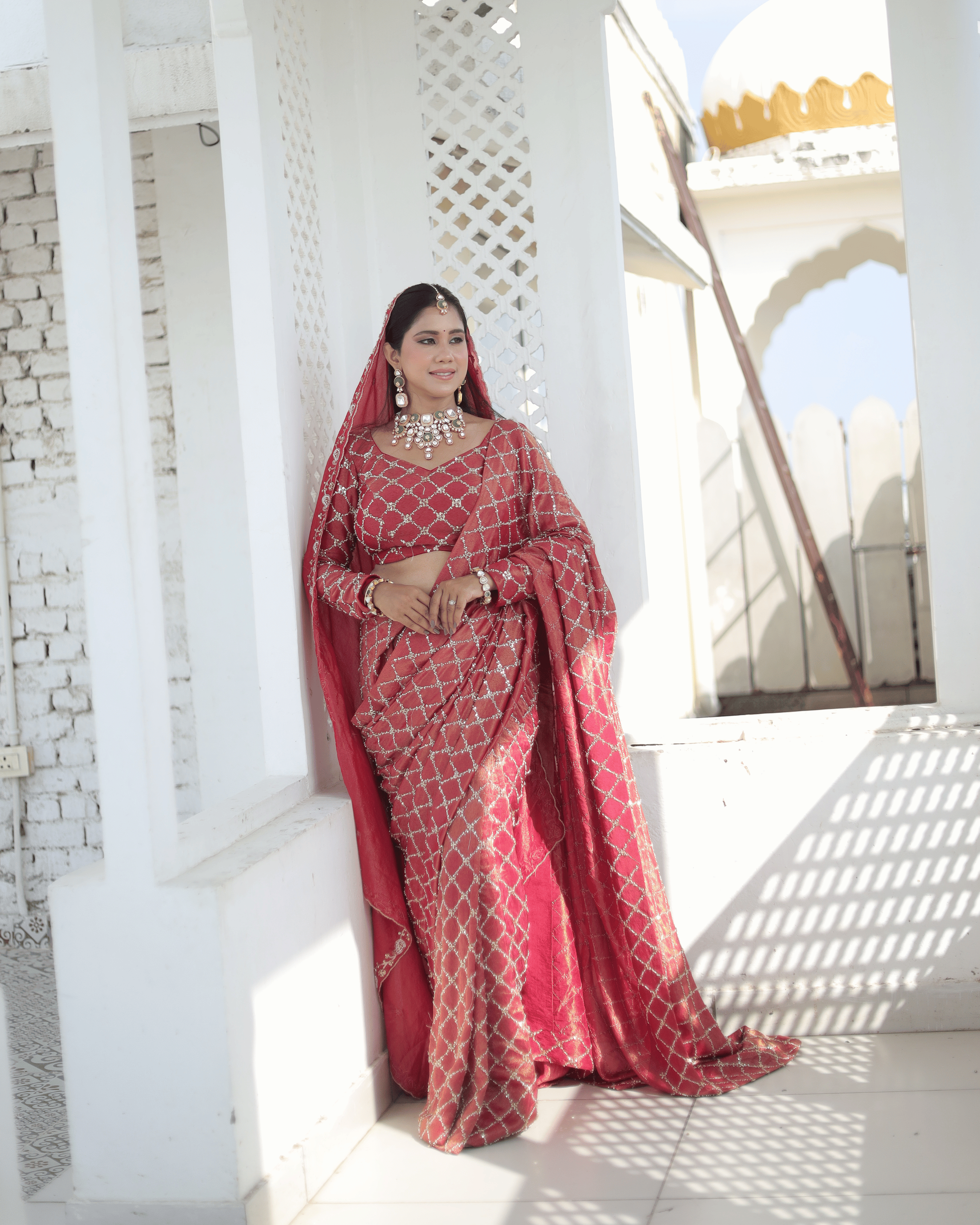 Rust Radish Jaal Handwork Saree With Unstitched Blouse Piece