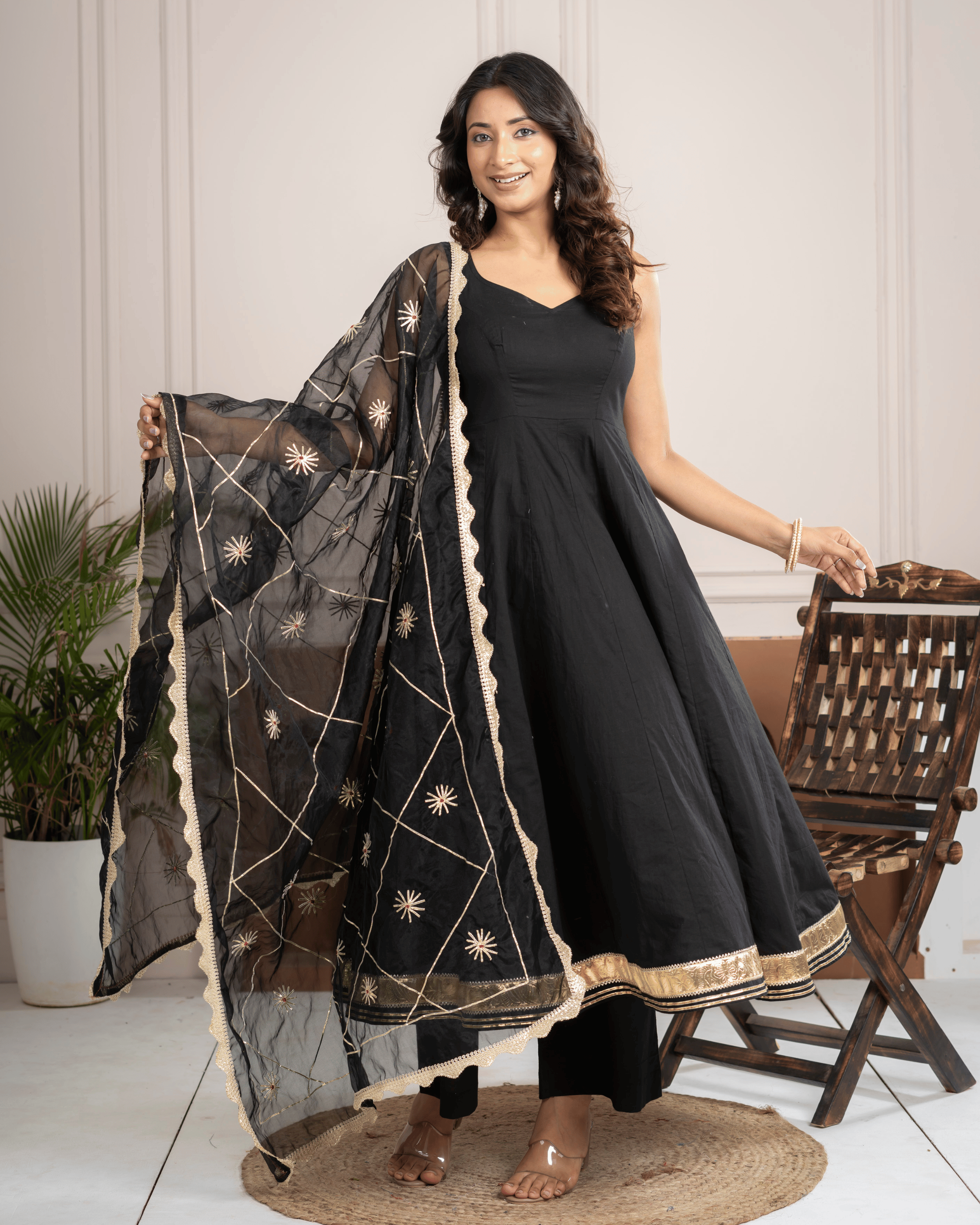 Black Cotton Anarkali Set With Organza Gota Dupatta