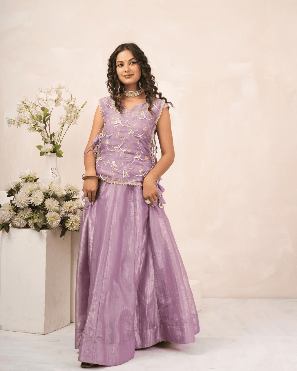 Lavender Mist Crush Lehenga Set With Blouse and Koti