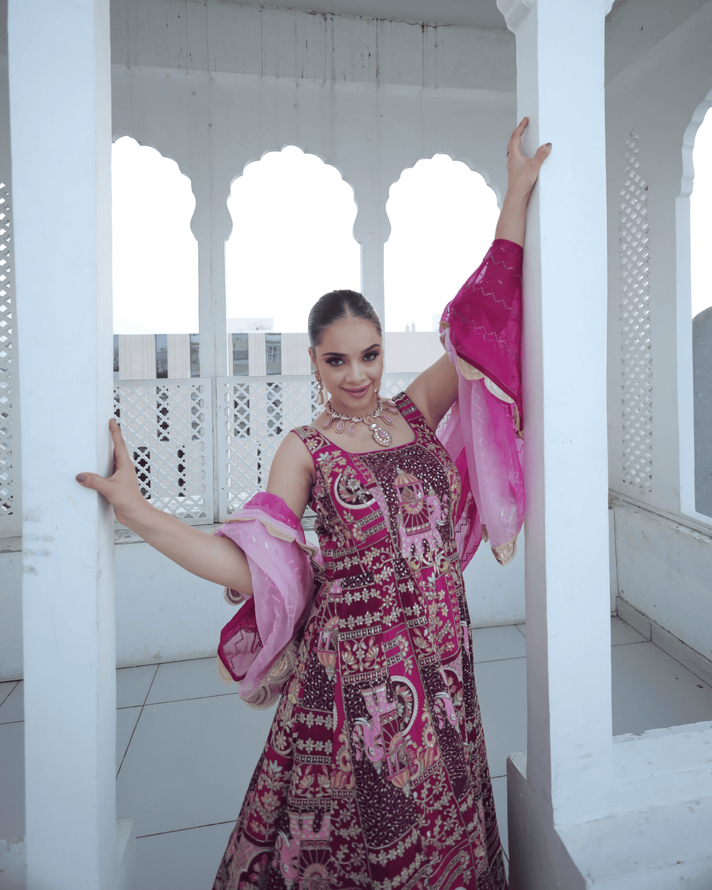 Rani Pink Jhrokha Designer Gown Set