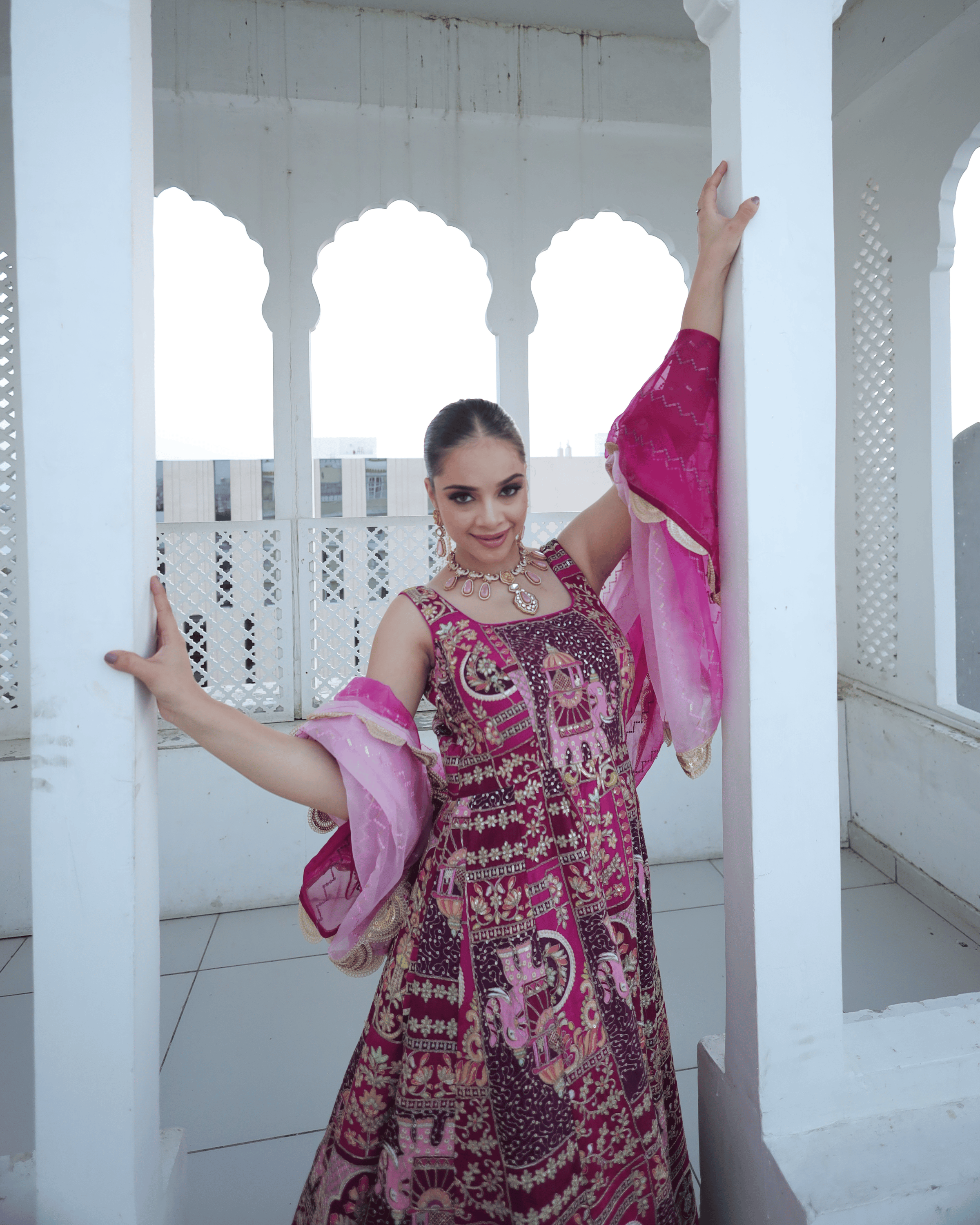 Rani Pink Jhrokha Designer Gown Set