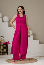 Aura Fuchsia Pink Jaam Cotton Co-Ord Set with Long Blazer, Bustier & Pants