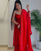 Cherry Red Mirror Lace Anarkali Set