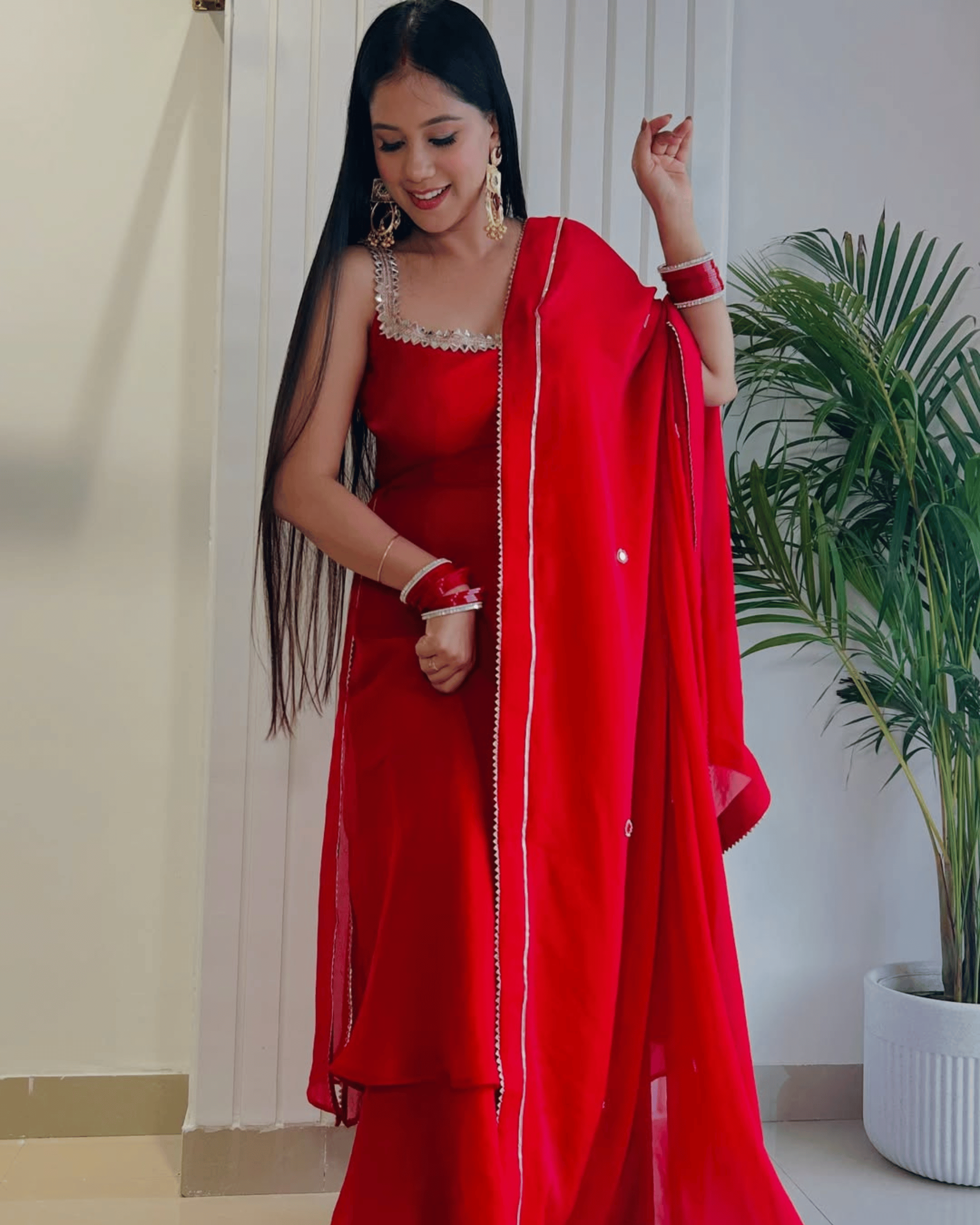 Cherry Red Mirror Lace Anarkali Set