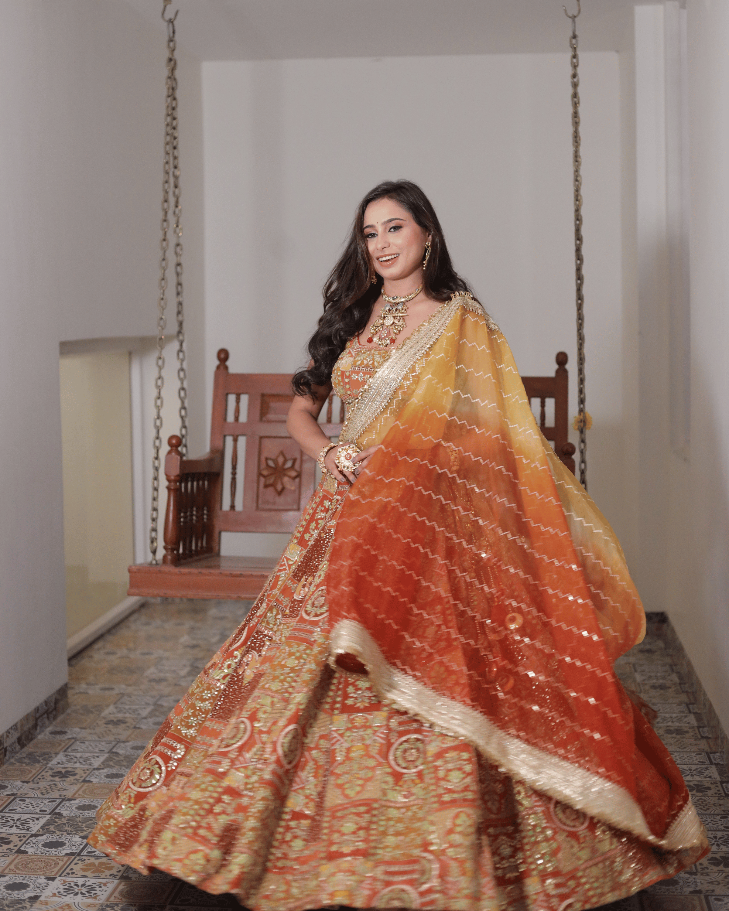 Orange Jhrokha Pattern Lehenga
