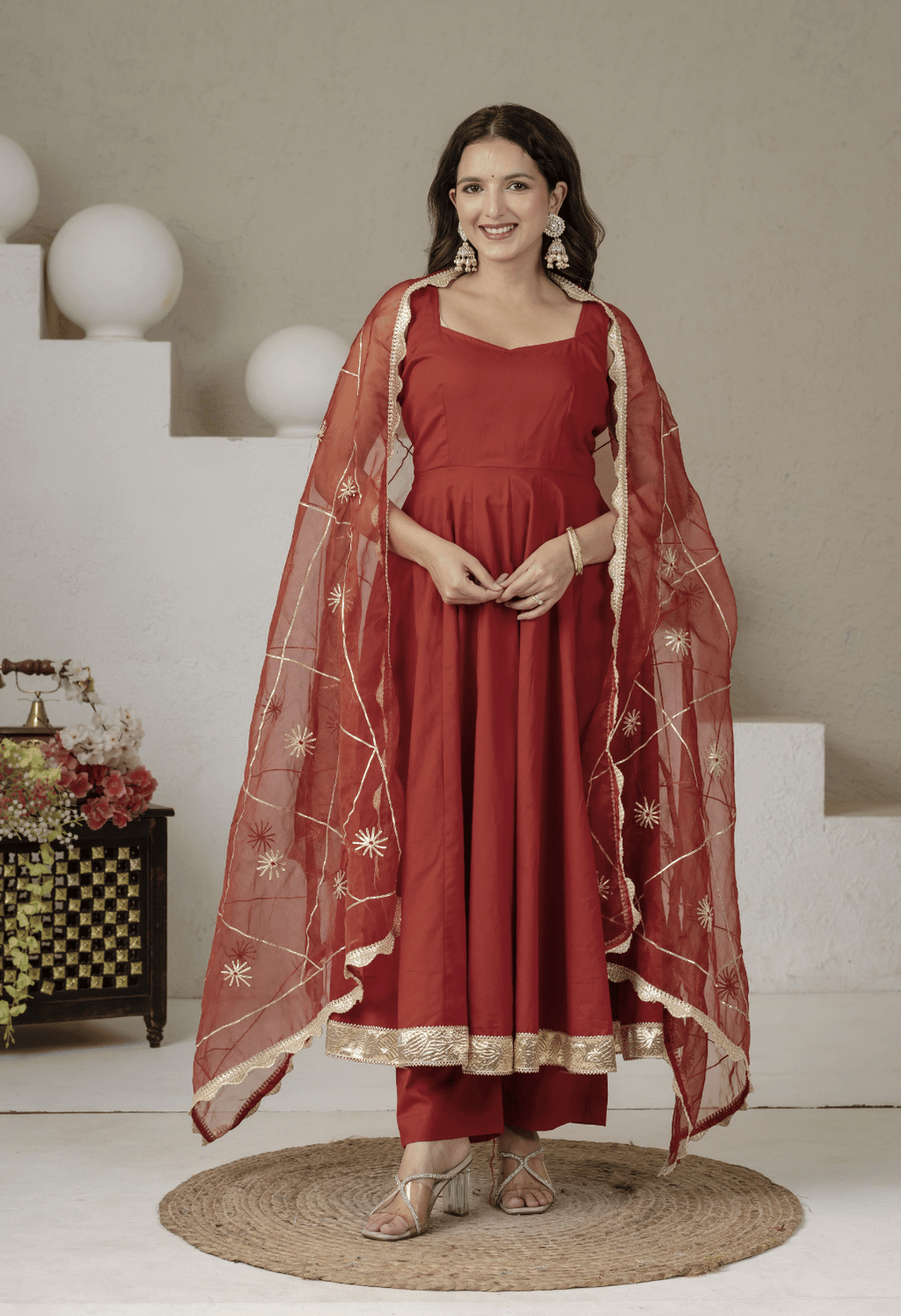 Noor Rust Cotton Anarkali Suit Set with Organza Gota Patti Dupatta