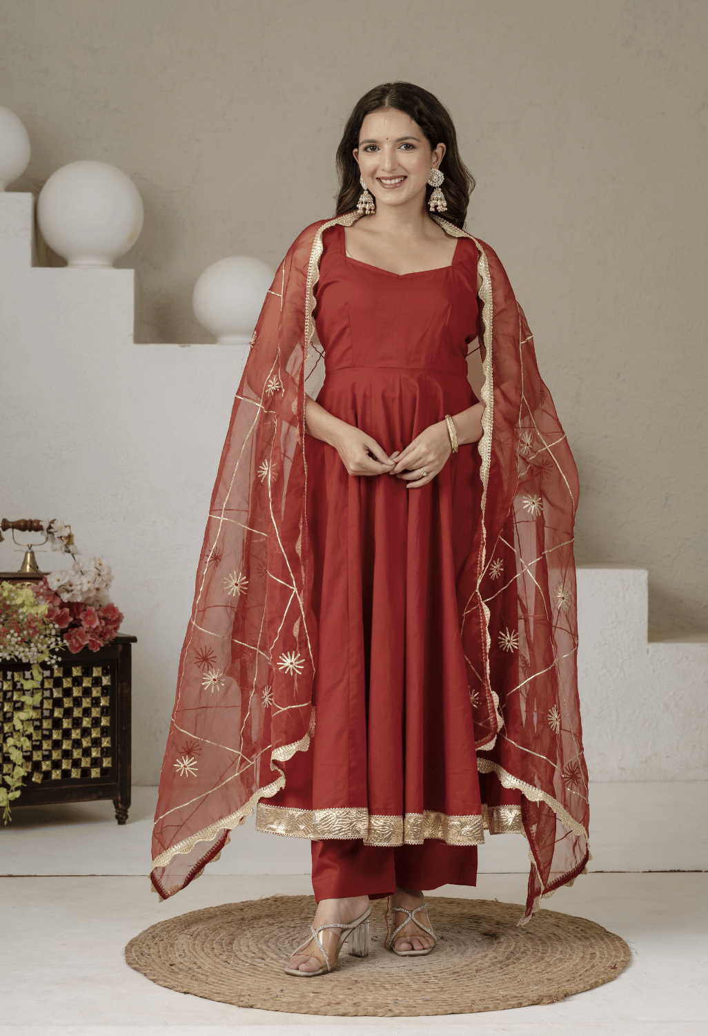 Noor Rust Cotton Anarkali Suit Set with Organza Gota Patti Dupatta