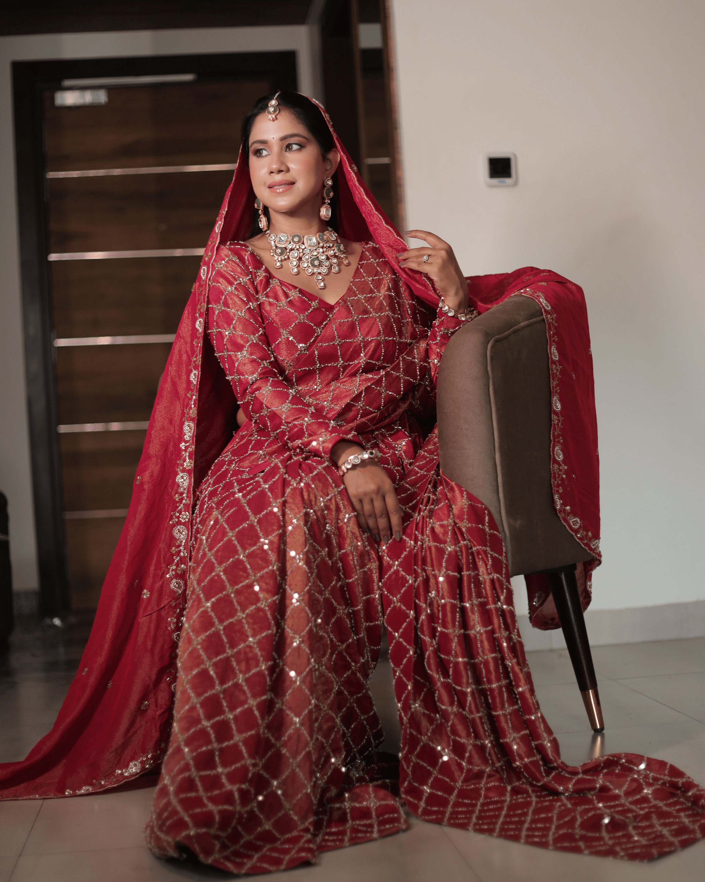 Rust Radish Jaal Handwork Saree With Unstitched Blouse Piece