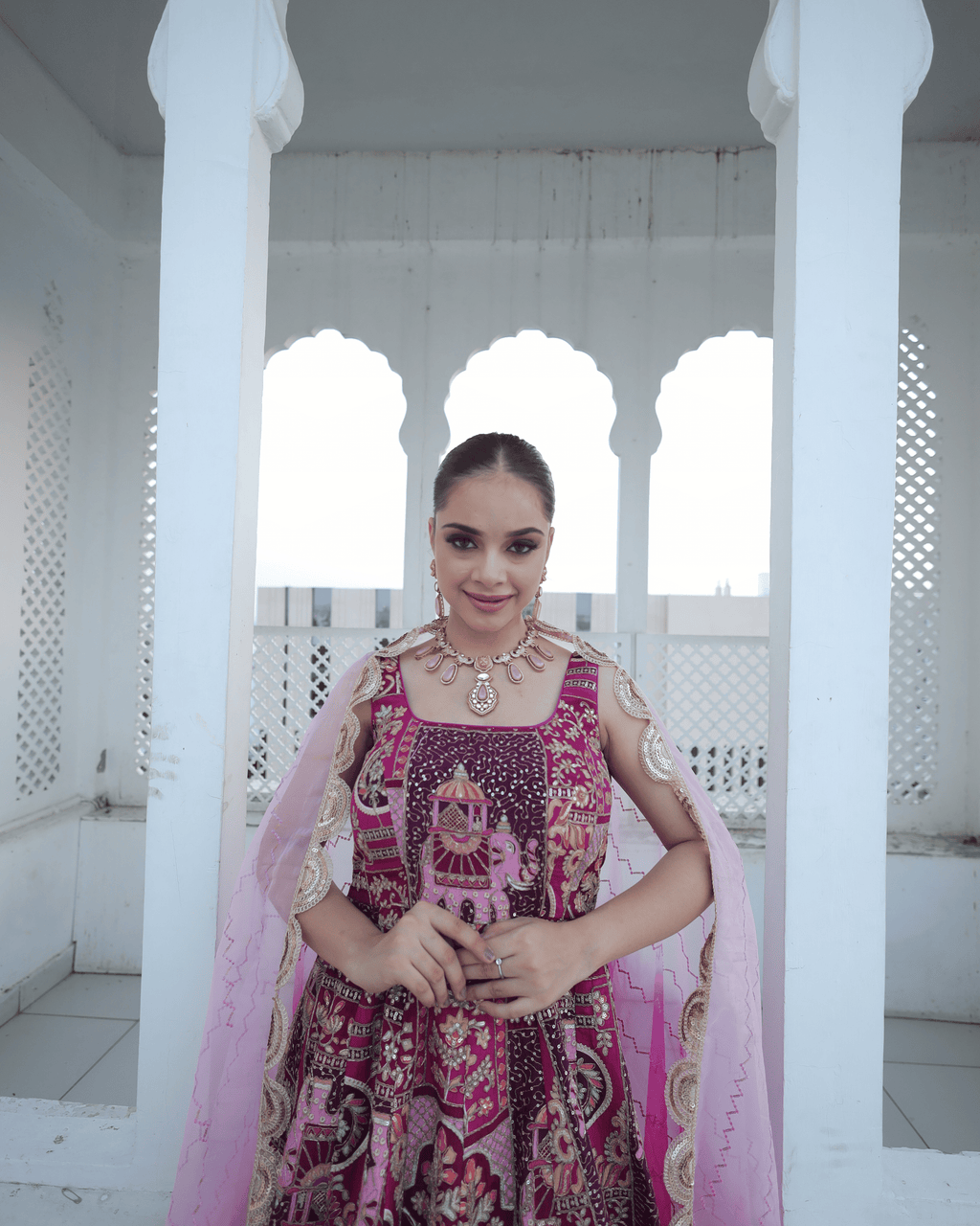Rani Pink Jhrokha Designer Gown Set