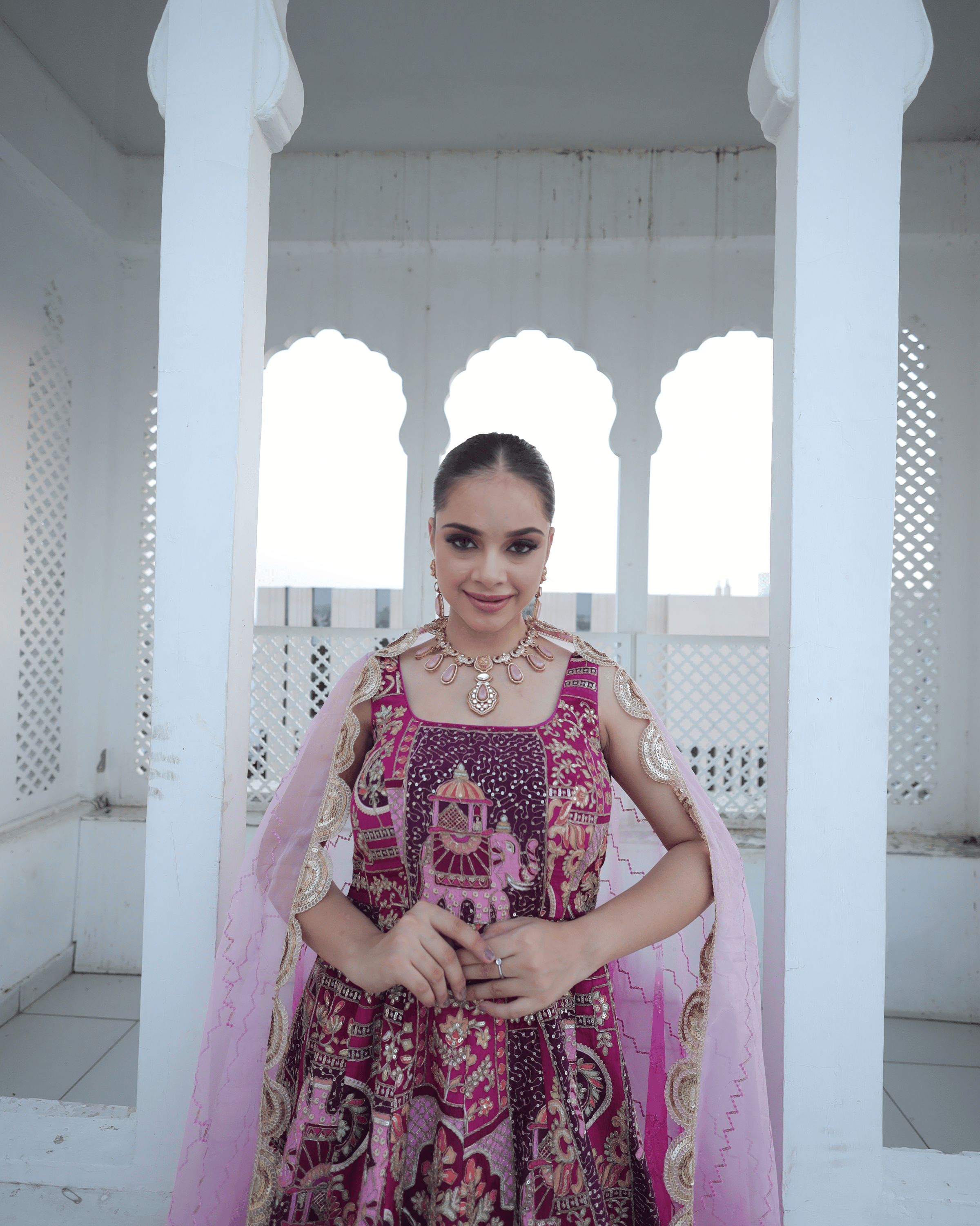 Rani Pink Jhrokha Designer Gown Set