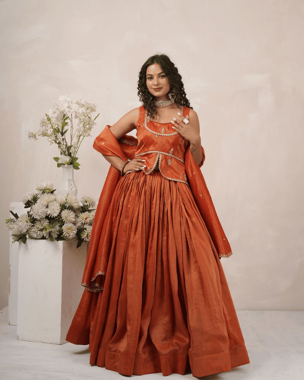 Burnt Orange Cosmo Tissue Lehenga Set