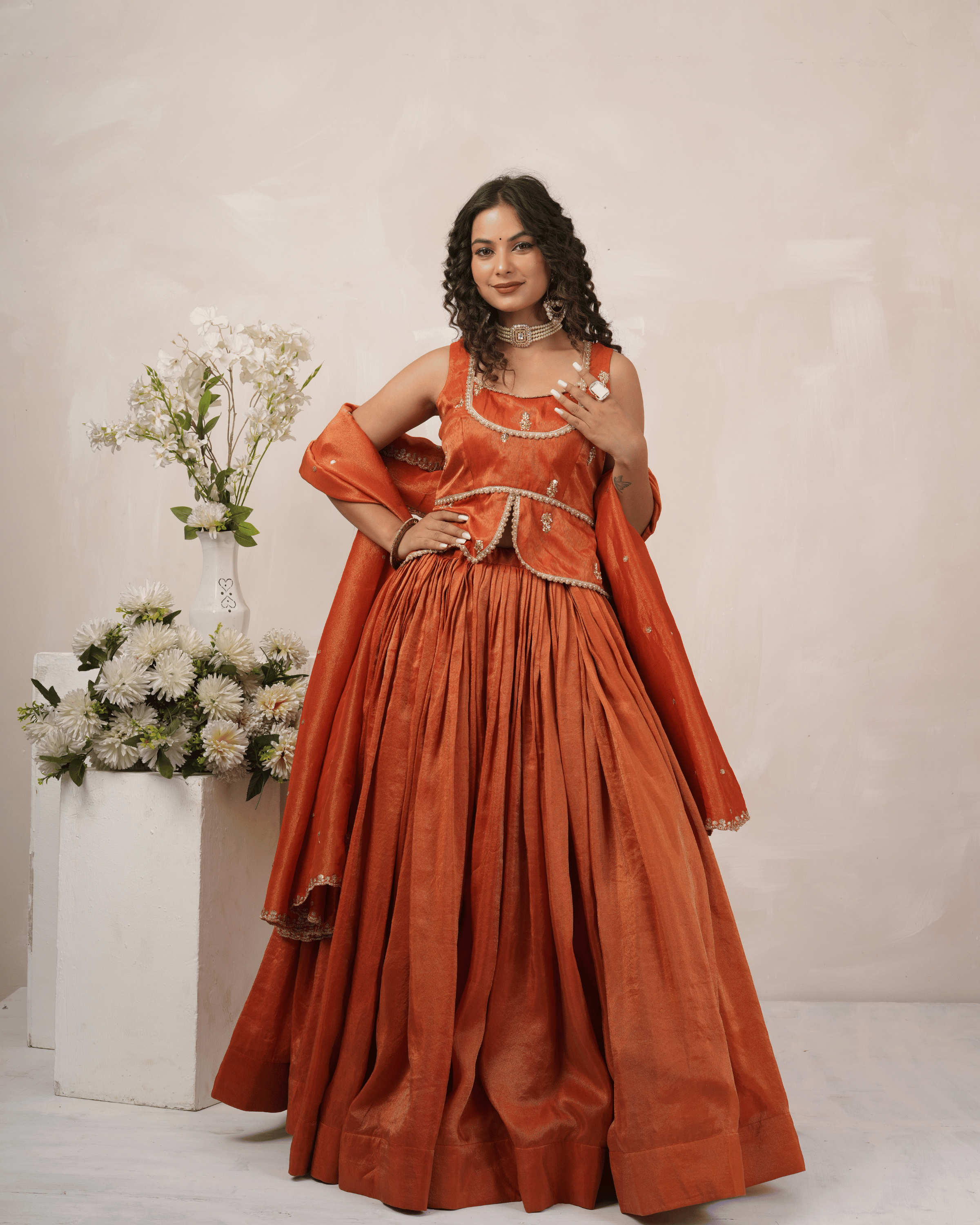 Burnt Orange Cosmo Tissue Lehenga Set