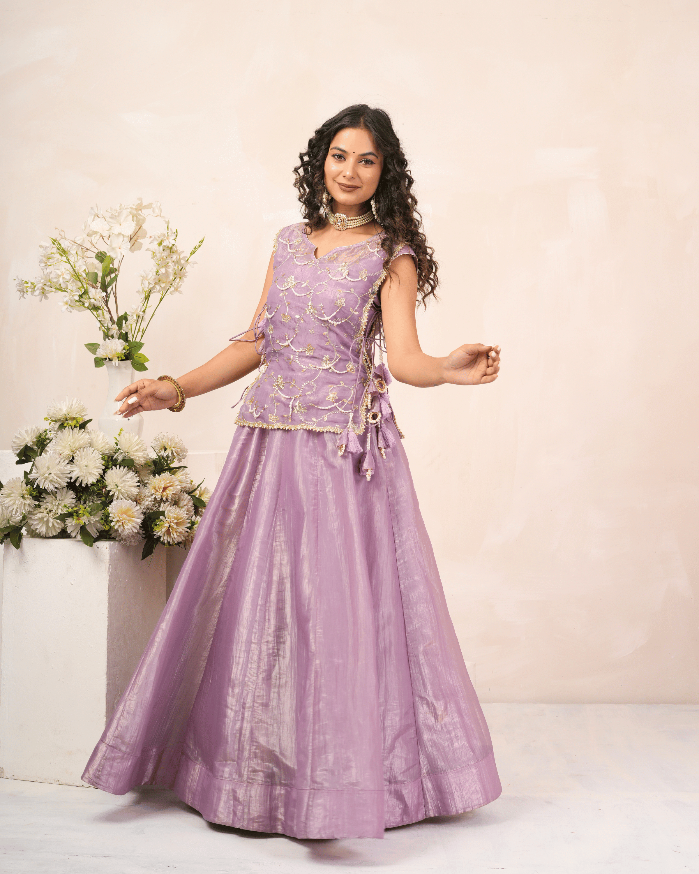 Lavender Mist Crush Lehenga Set With Blouse and Koti