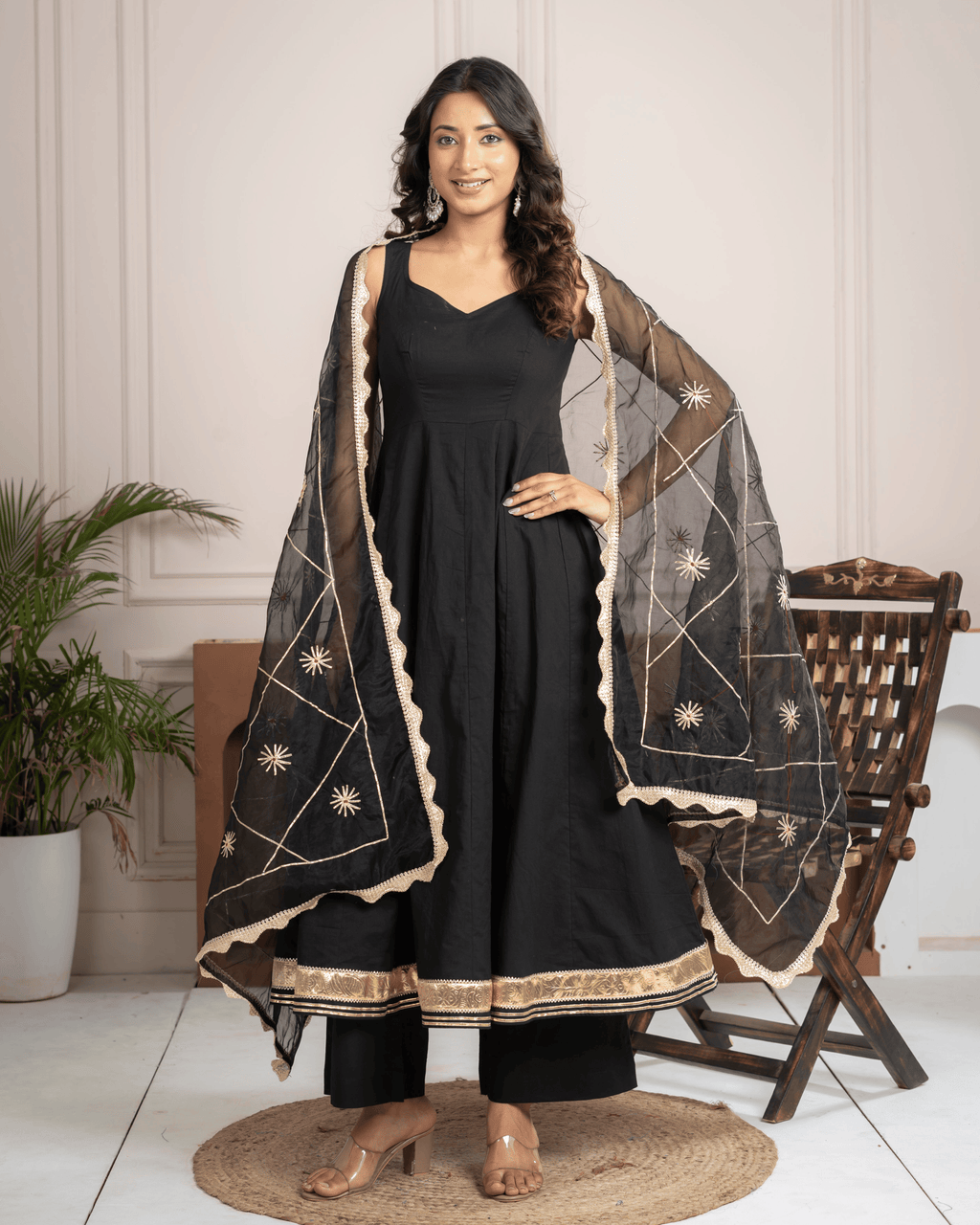 Black Cotton Anarkali Set With Organza Gota Dupatta