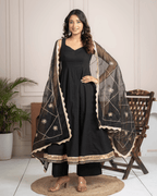 Black Cotton Anarkali Set With Organza Gota Dupatta