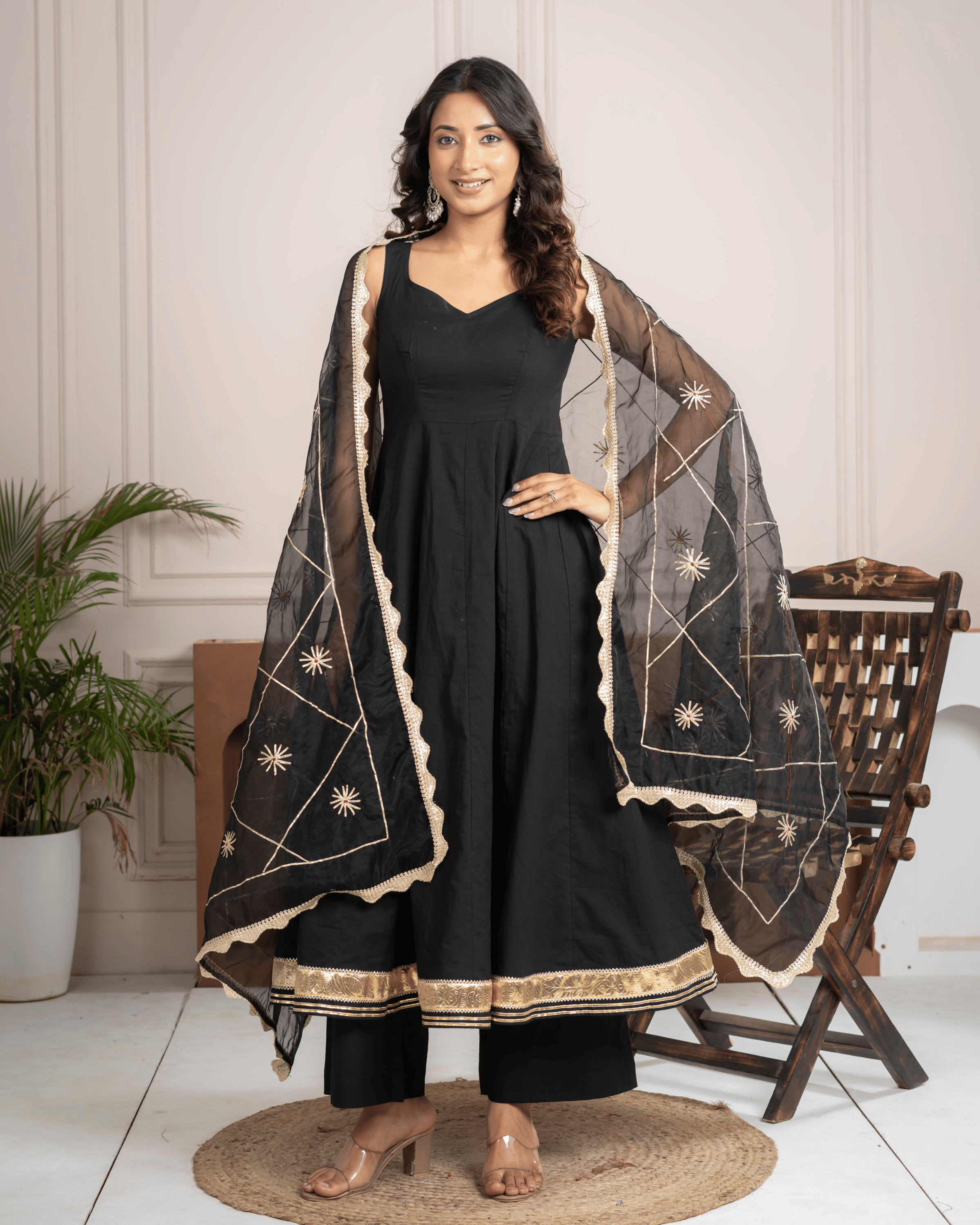 Black Cotton Anarkali Set With Organza Gota Dupatta