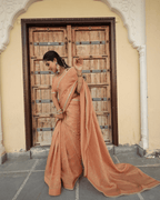 Peach Mukesh Work Cosmo Saree with unstitched blouse piece