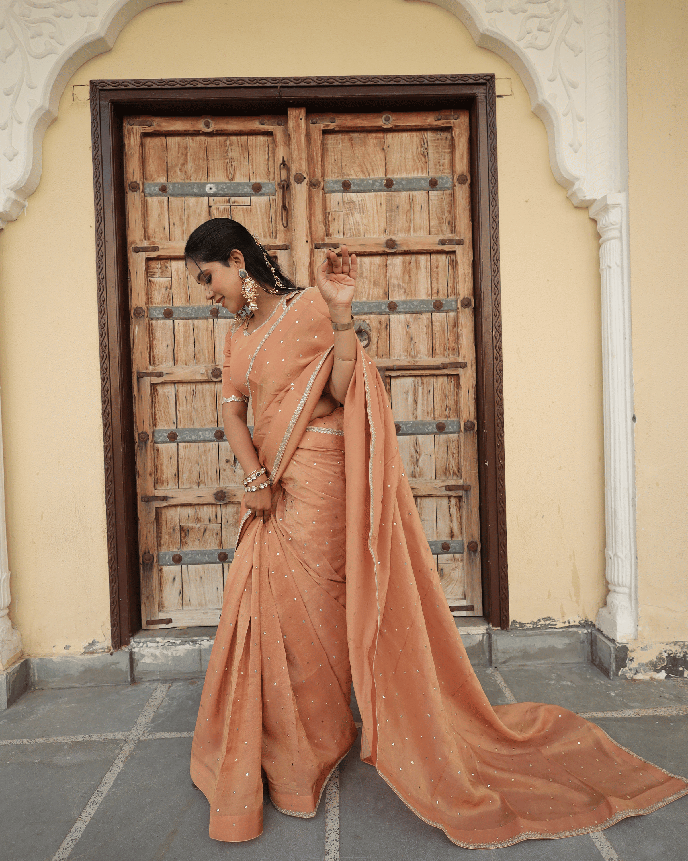 Peach Mukesh Work Cosmo Saree with unstitched blouse piece