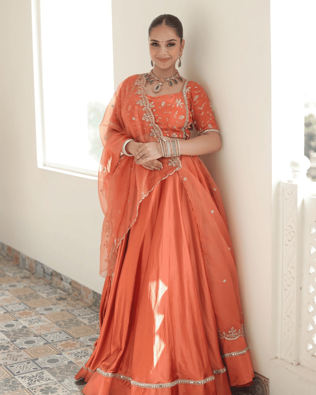 Coral Satin Orange Flare Lehenga