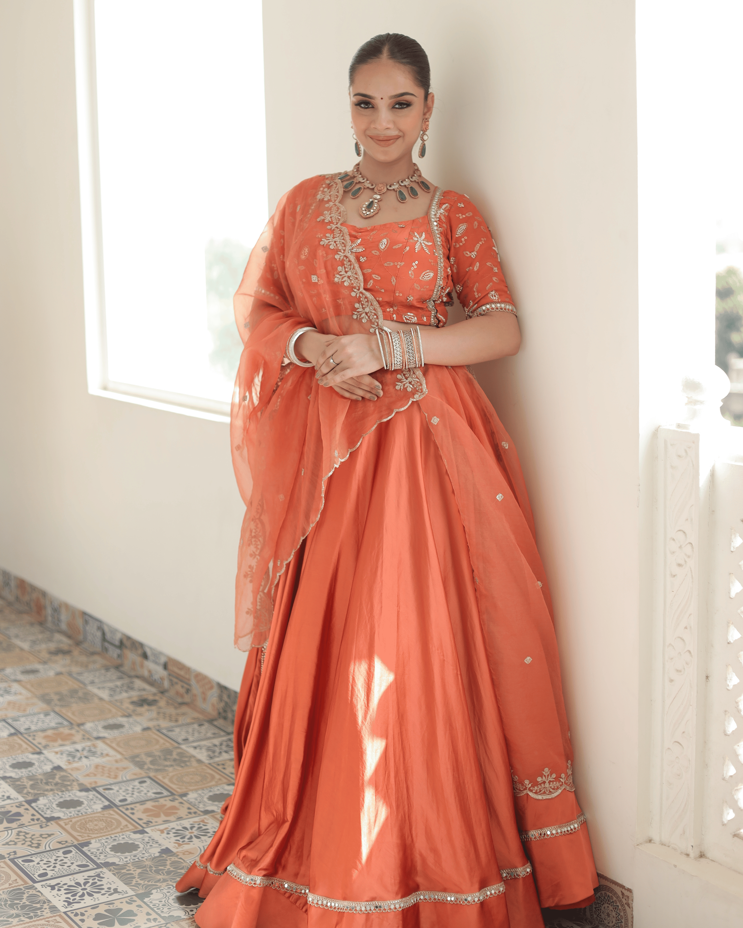 Coral Satin Orange Flare Lehenga