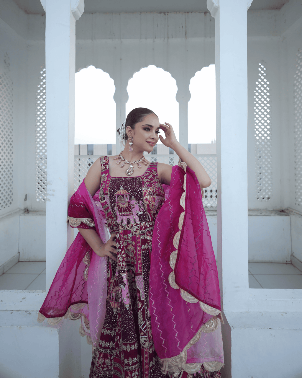 Rani Pink Jhrokha Designer Gown Set