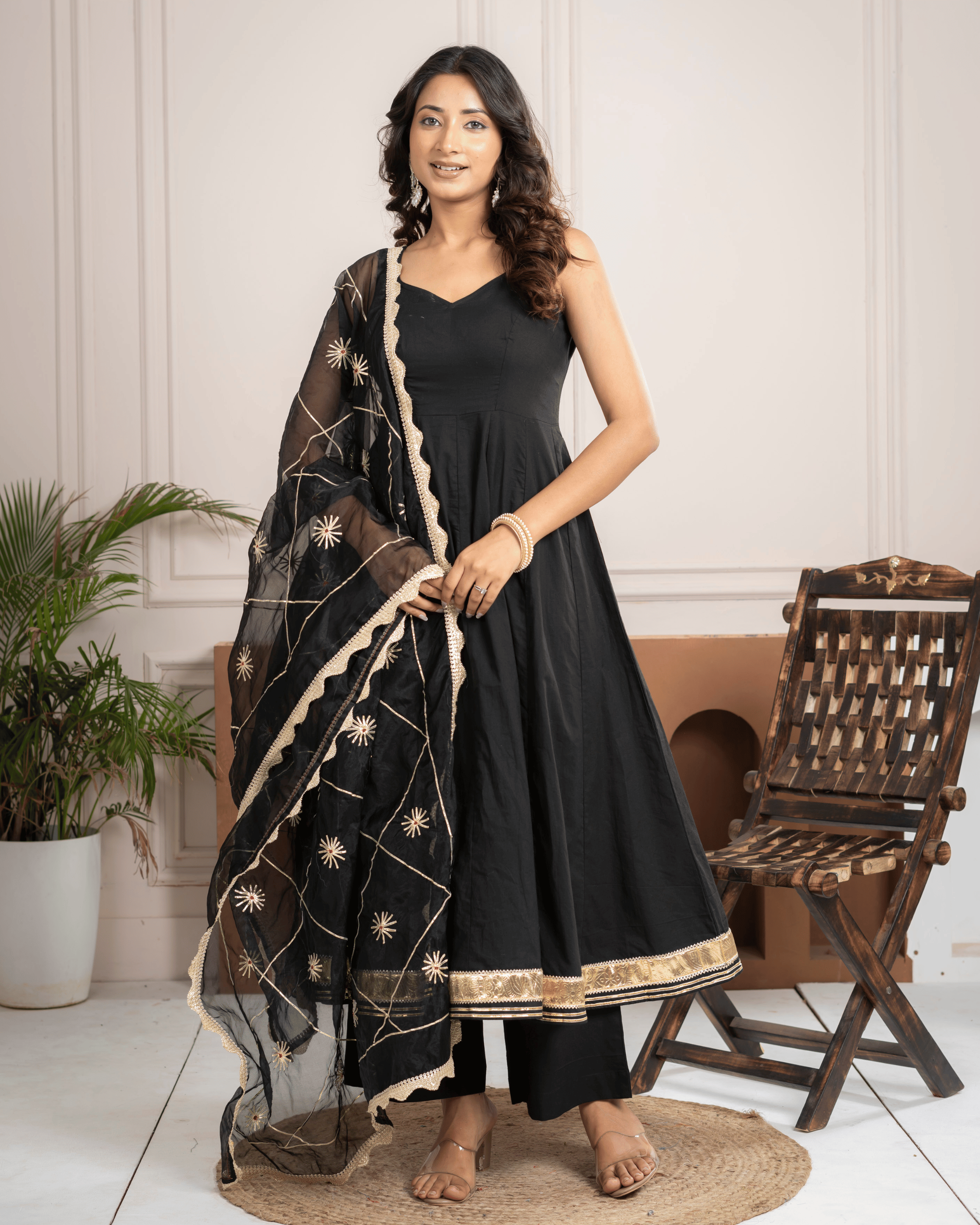 Black Cotton Anarkali Set With Organza Gota Dupatta