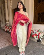Ivory Cosmo Tissue Handwork Buti Kurta Set with Contrast Tissue Dupatta