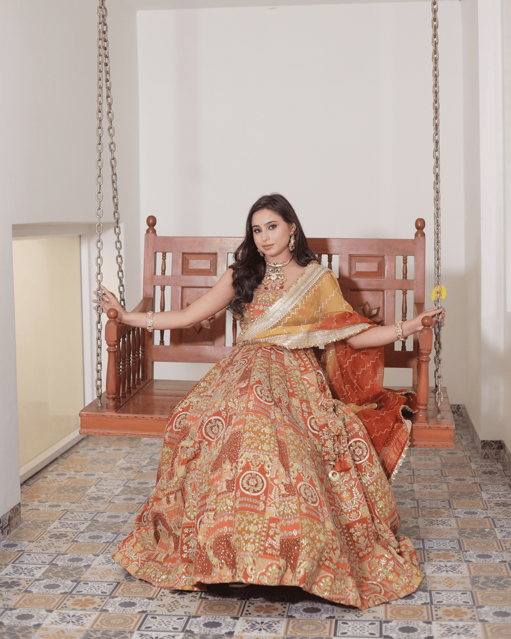 Orange Jhrokha Pattern Lehenga