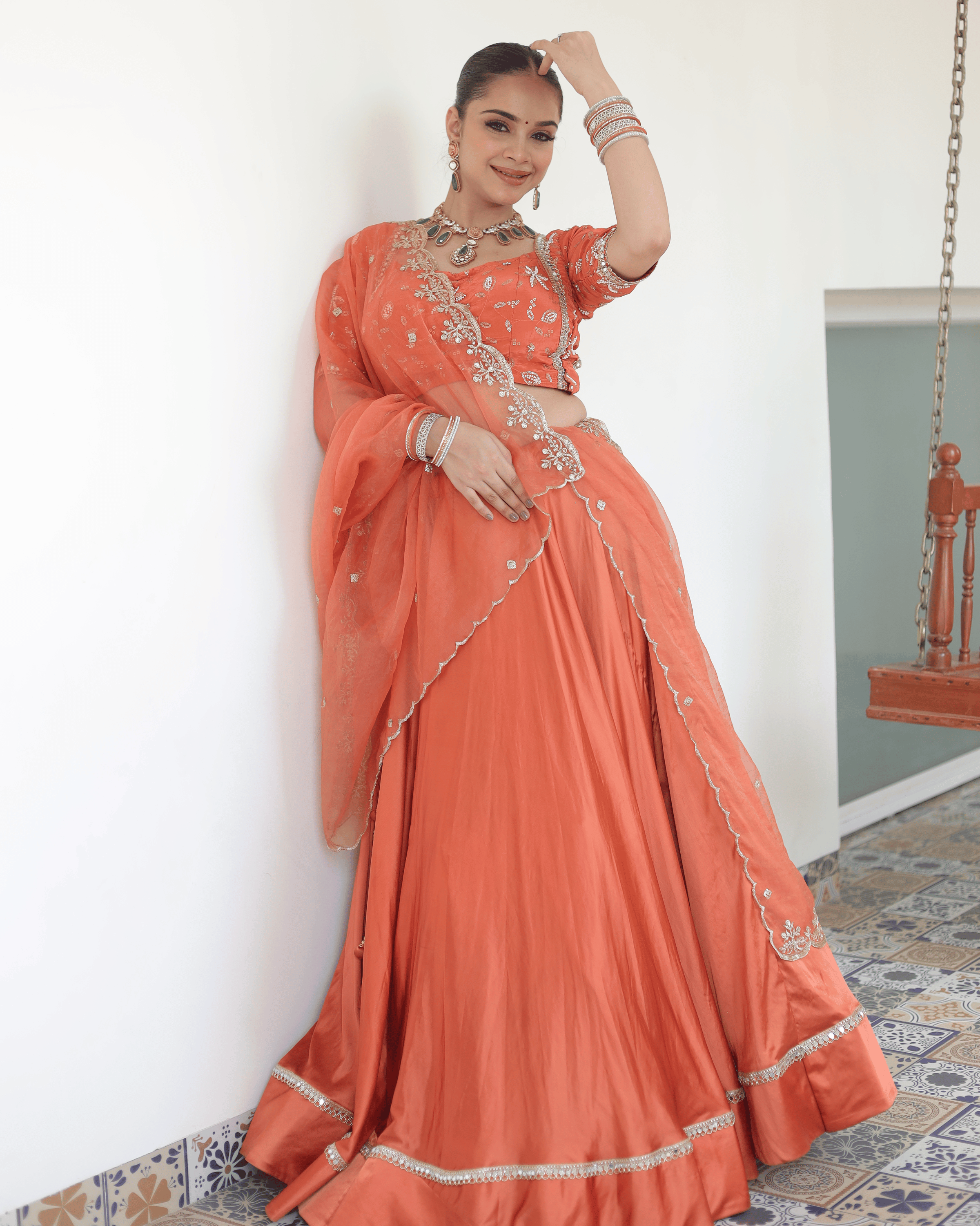 Coral Satin Orange Flare Lehenga