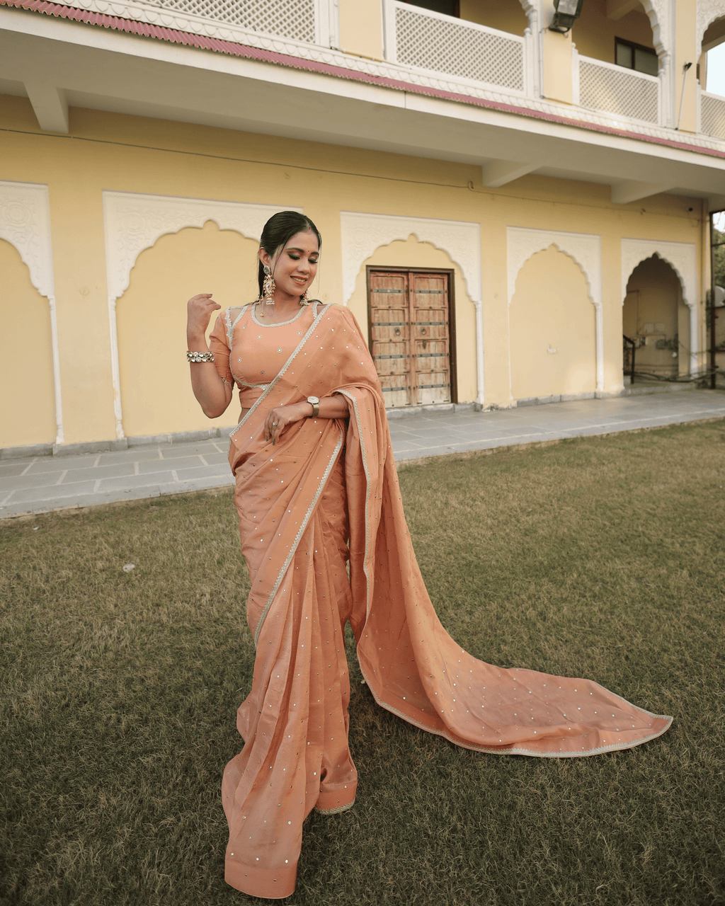 Peach Mukesh Work Cosmo Saree with unstitched blouse piece