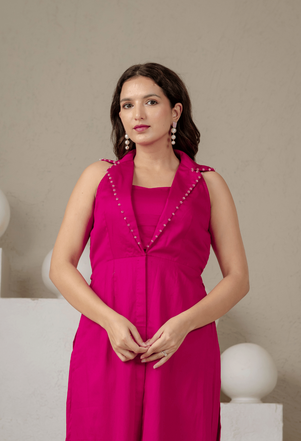 Aura Fuchsia Pink Jaam Cotton Co-Ord Set with Long Blazer, Bustier & Pants