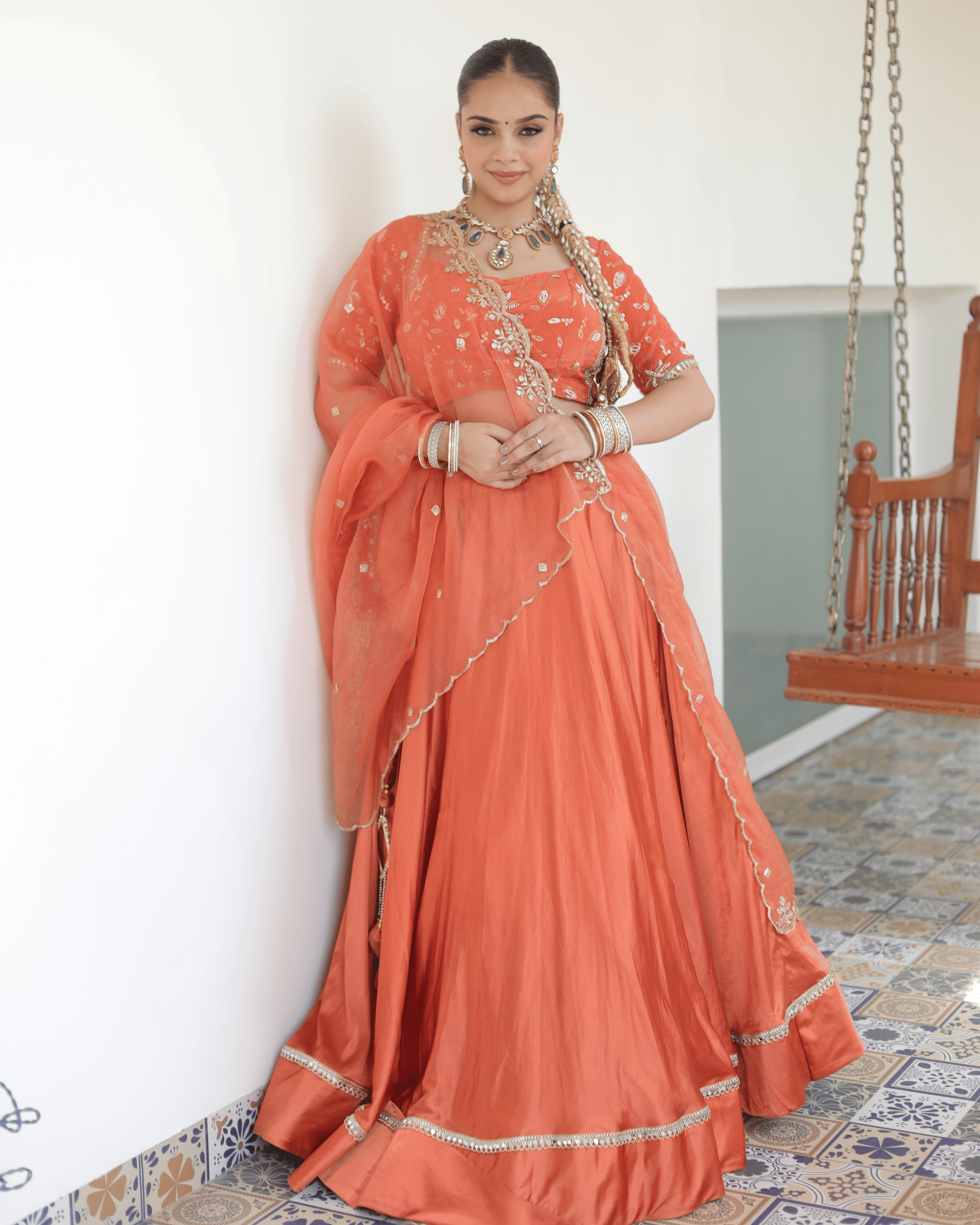 Coral Satin Orange Flare Lehenga