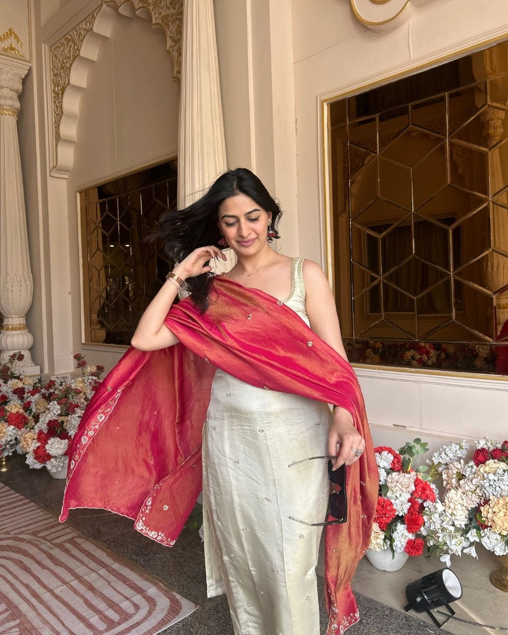 Ivory Cosmo Tissue Handwork Buti Kurta Set with Contrast Tissue Dupatta